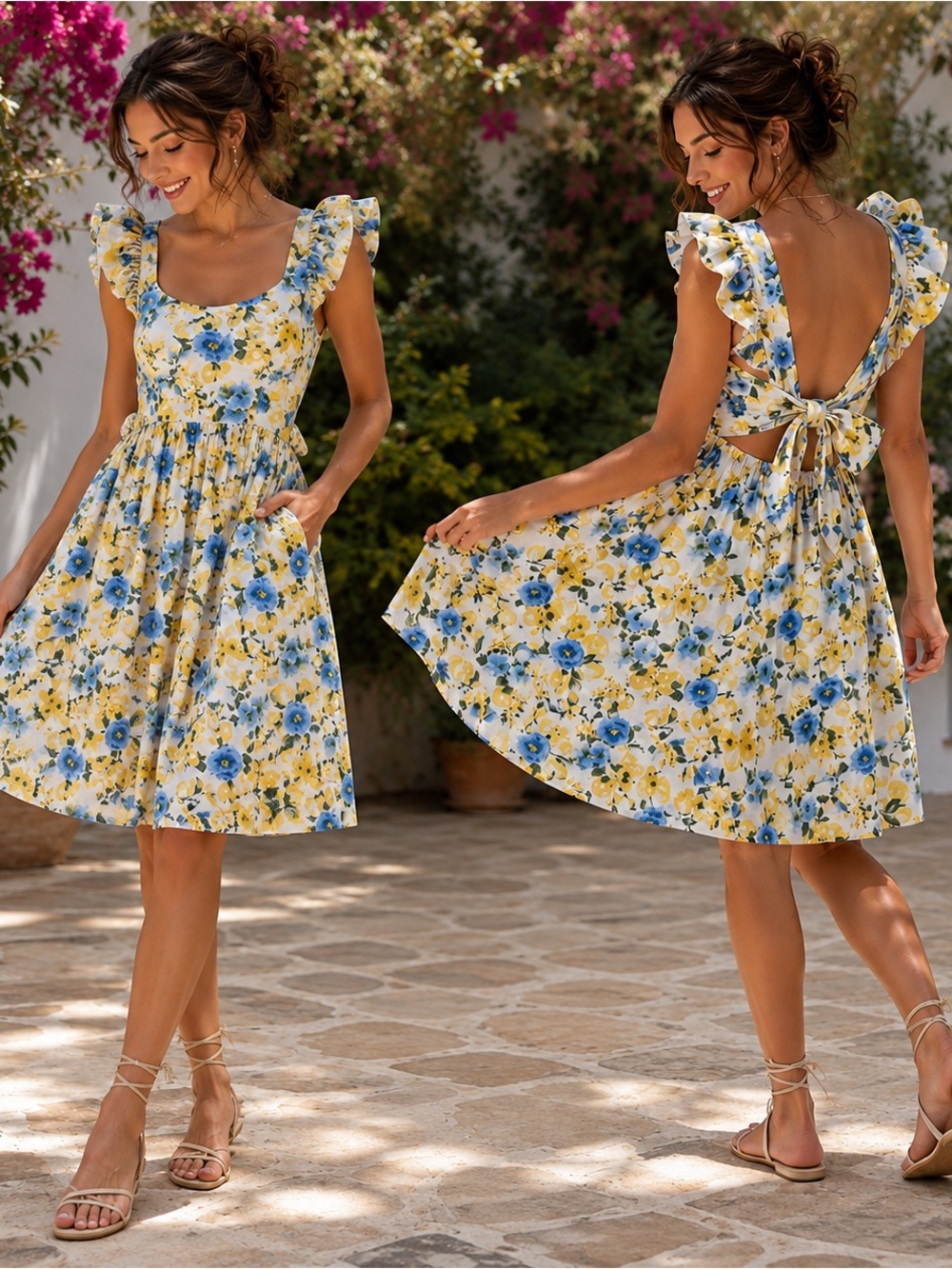 Francisca Dora Lemon Print Bow Back Mini Dress Size Small Sundress